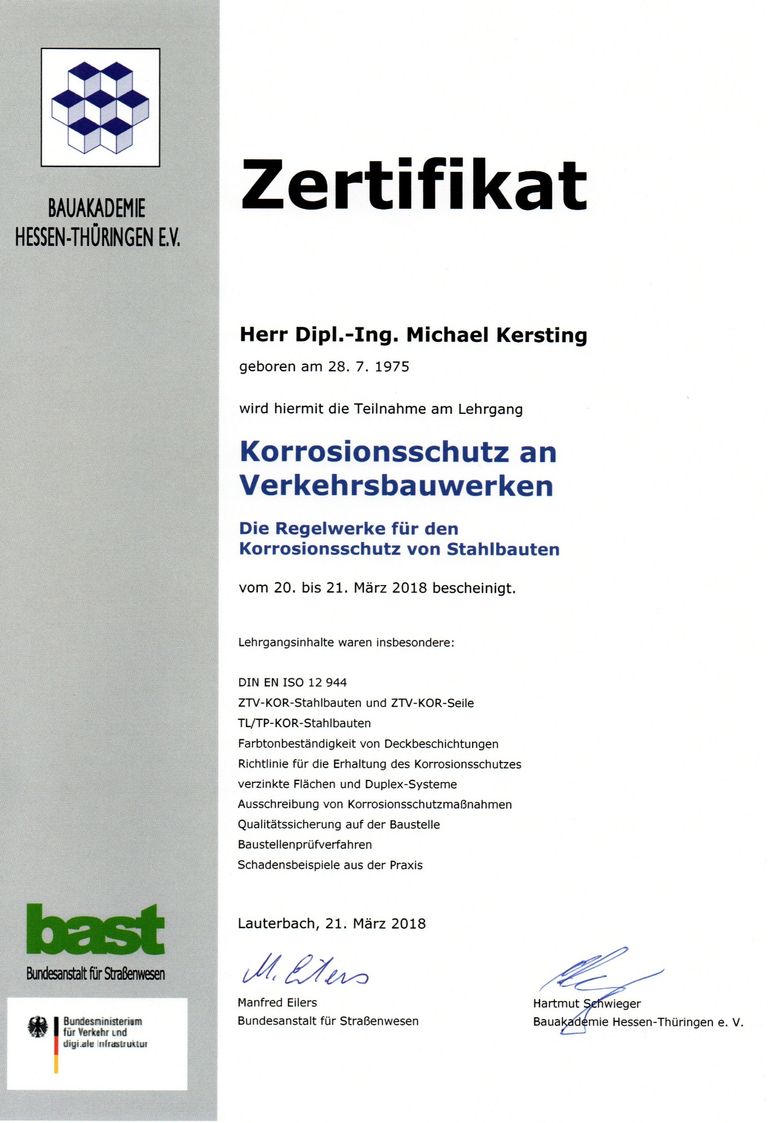 Zertifikat Korrosionsschutz an Verkehrsbauwerken Dipl.-Ing. Michael Kersting